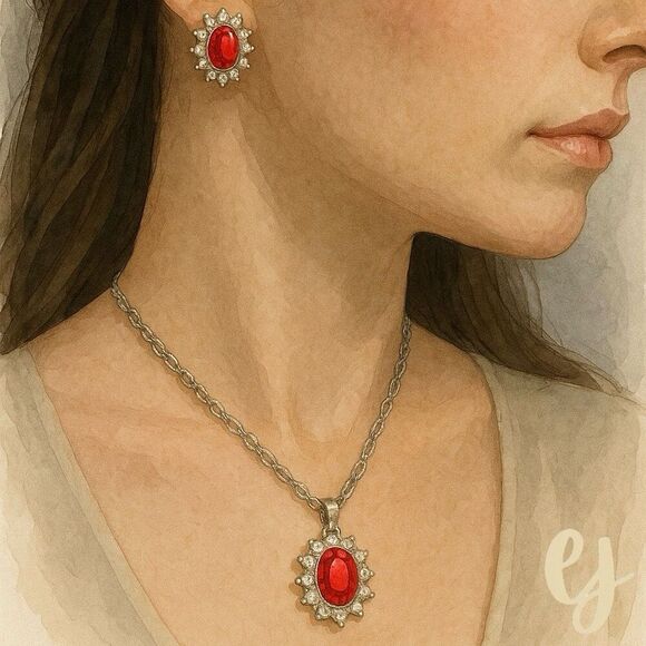 Ruby Red Oval Pendant Necklace & Stud Earring Set with CZ Halo in Silver Tone - Picture 1 of 9